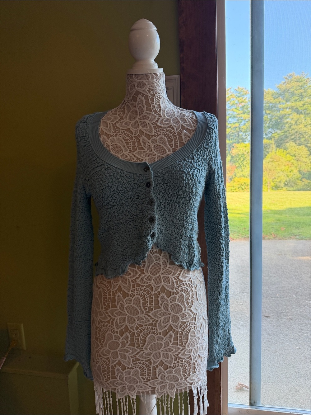 Free People Dusty Blue Cropped Button Cardigan